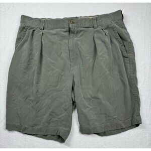 Tommy Bahama Men's 100% Silk Shorts 38 Green Khaki Soft Pleated Chino Relax